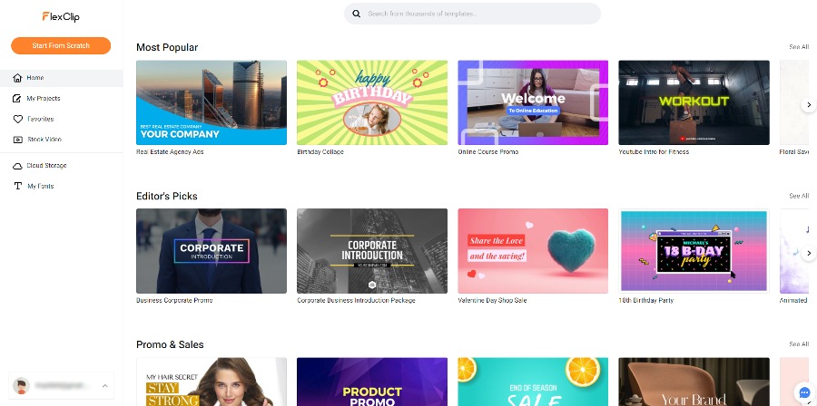 FlexClip pre-made video and slideshow templates like Canva
