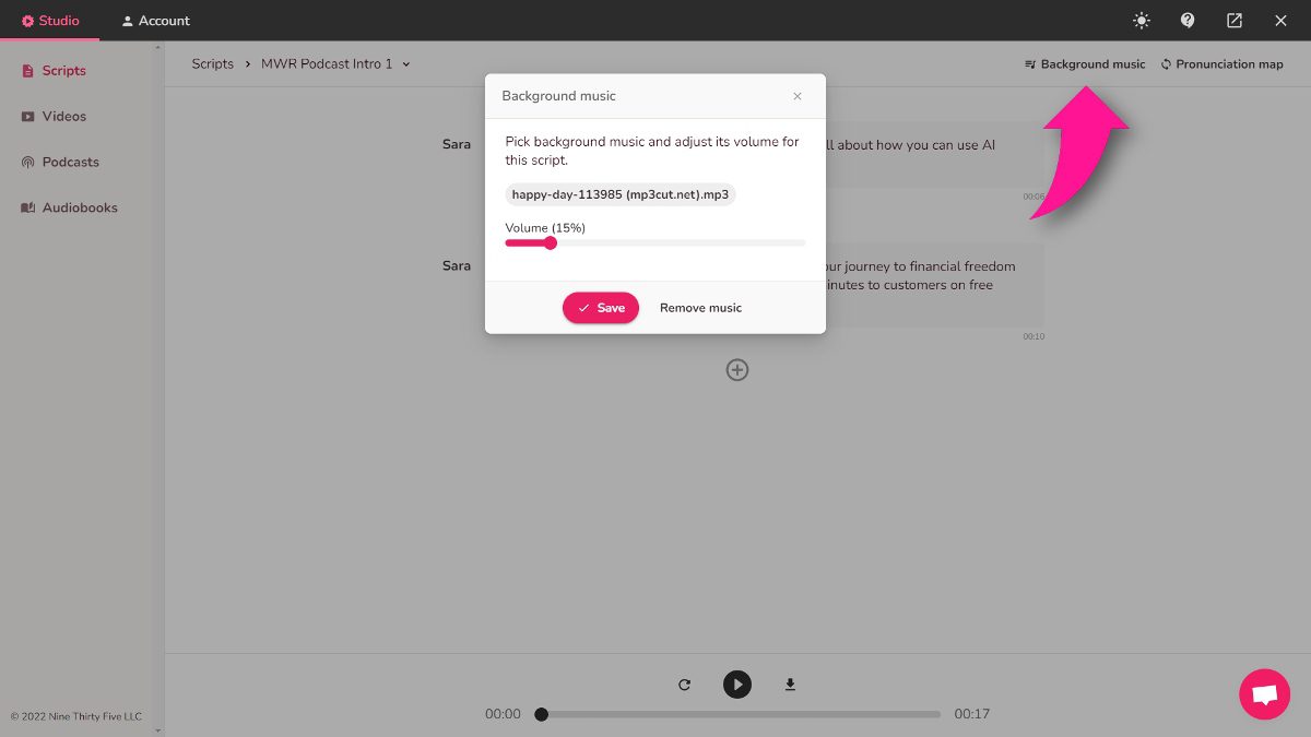 Adding background music to podcast scripts in Fliki